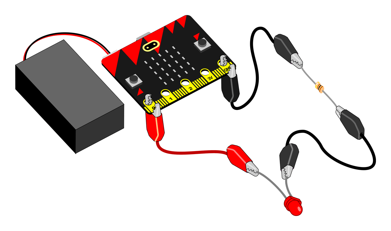 microbit attached to led and resistor